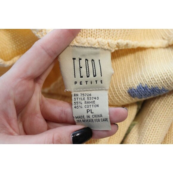 Vintage Knit Blouse Petite Large Butter Yellow Flower Butterfly Ramie 90s Retro - Picture 8 of 8